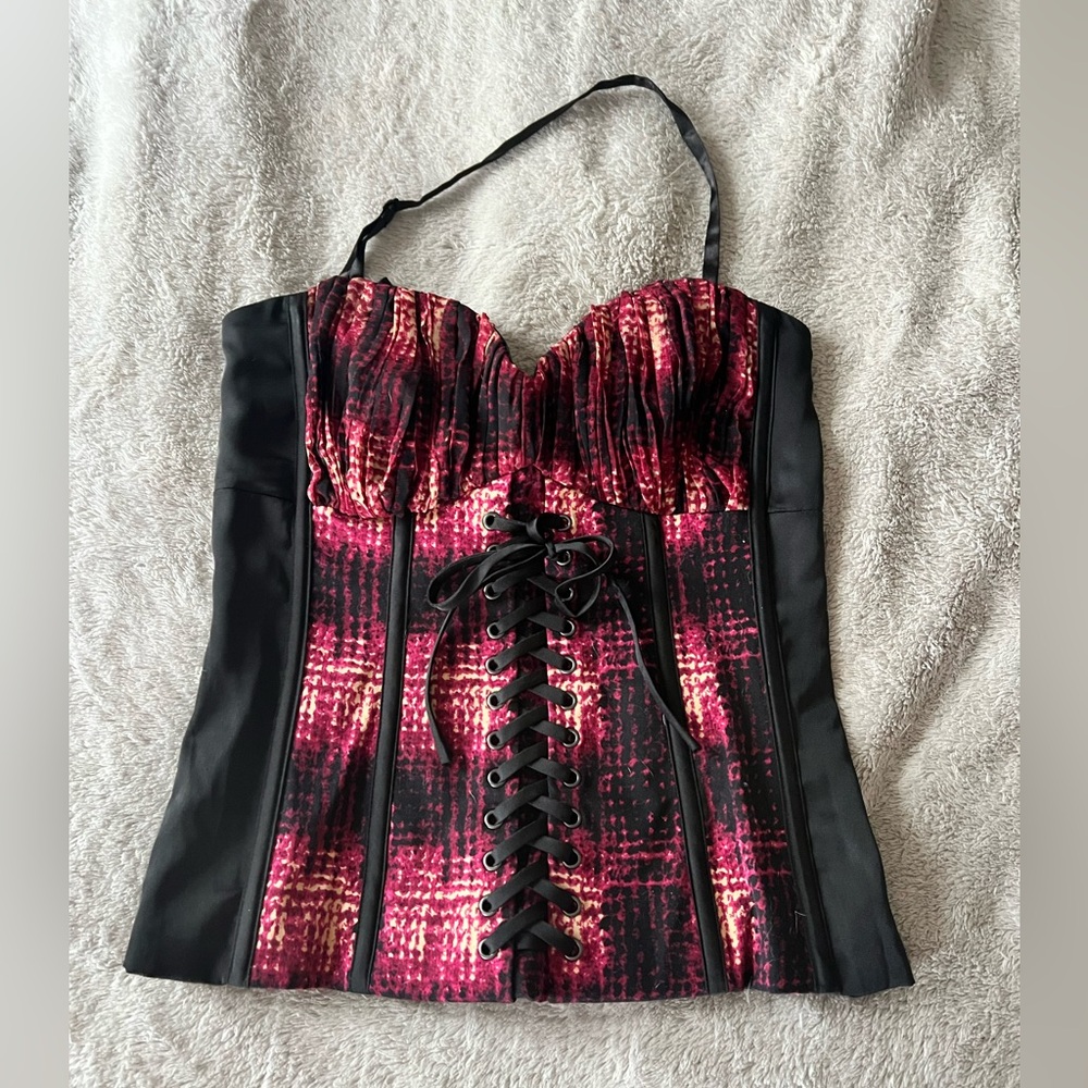 Bebe Black and Red Plaid Corset Top